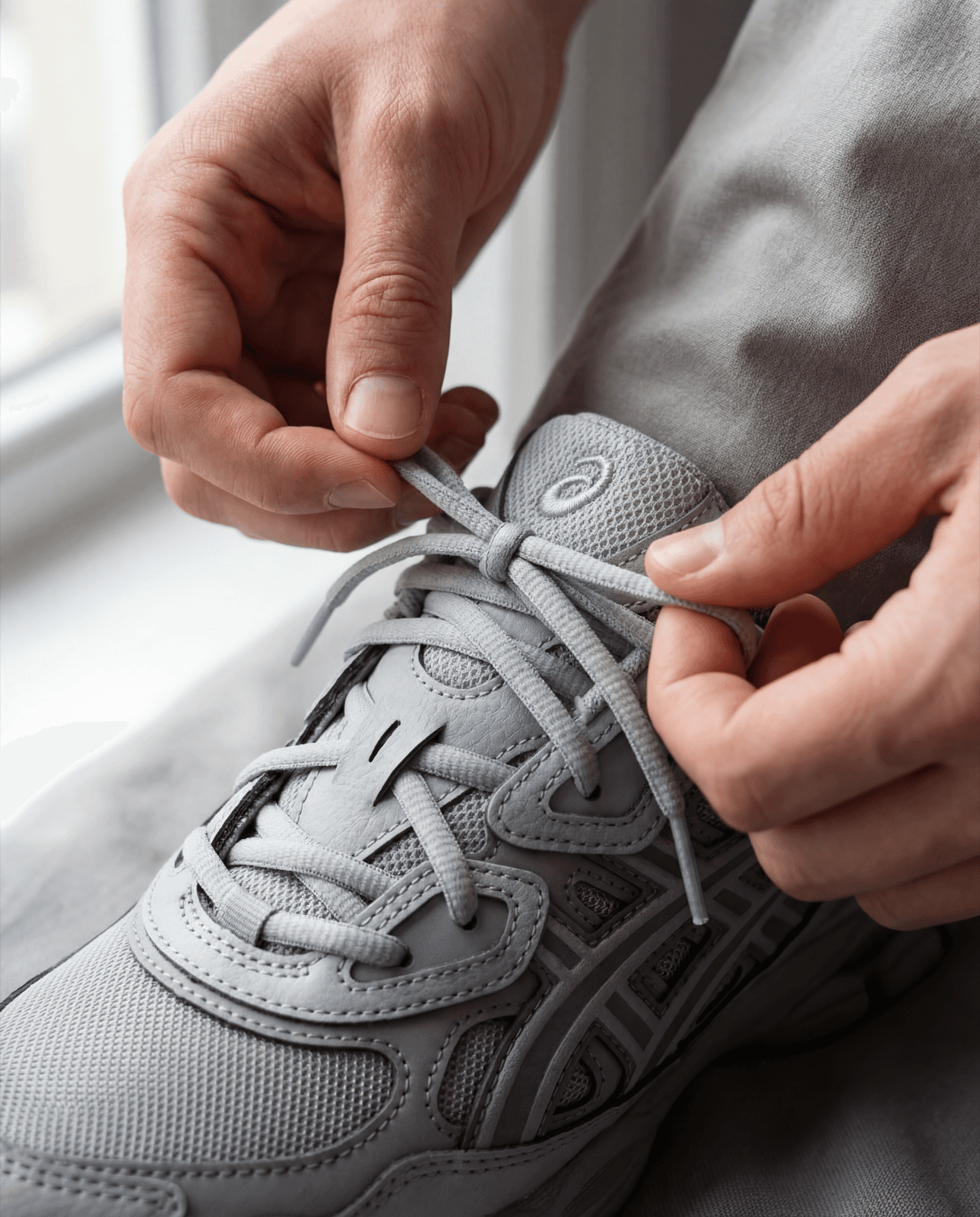 Hands carefully lacing a sneaker at the Shoozas studio