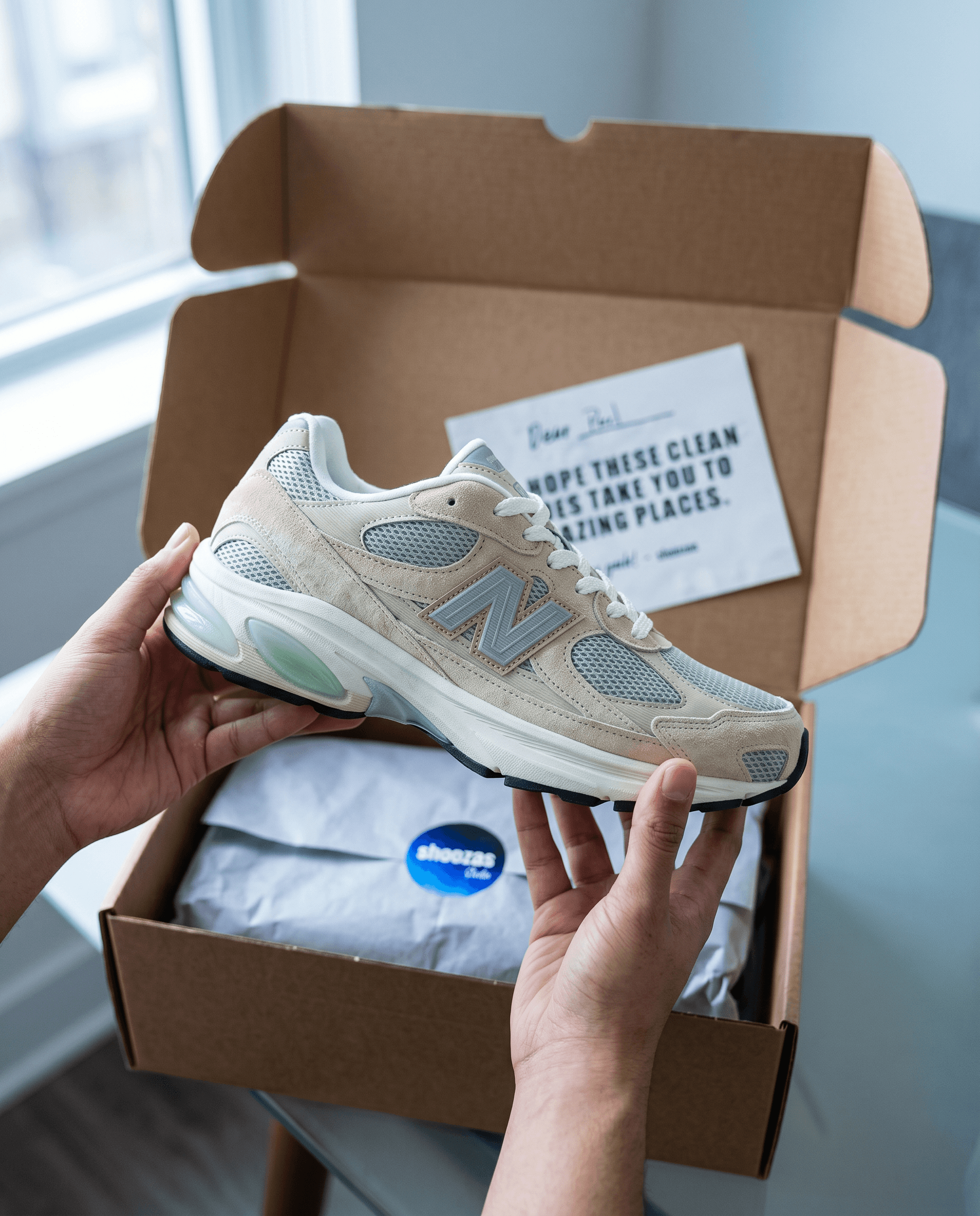 Hands holding a freshly cleaned sneaker over its Shoozas return box